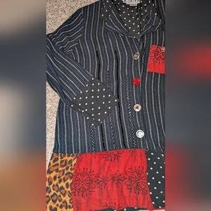 Striped Button-Up Shirt with Red and Leopard Accents Contemporary